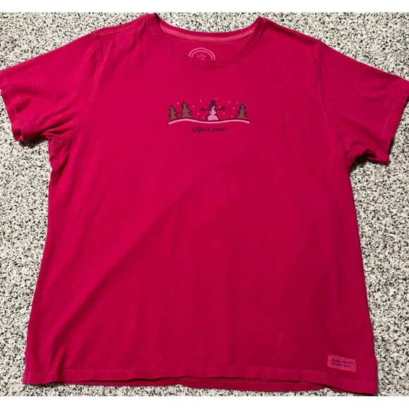 Life Is Good Women Pink Snowman Short Sleeve Tee Shirt Gorpcore Outdoor LARGE - Picture 1 of 4